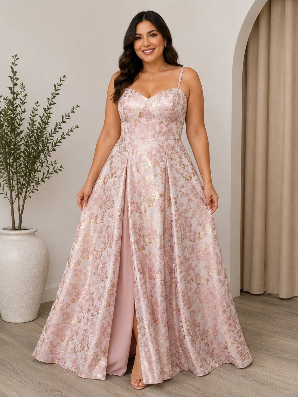 B Darlin Metallic Blush Pink Floral A-Line Prom Dress